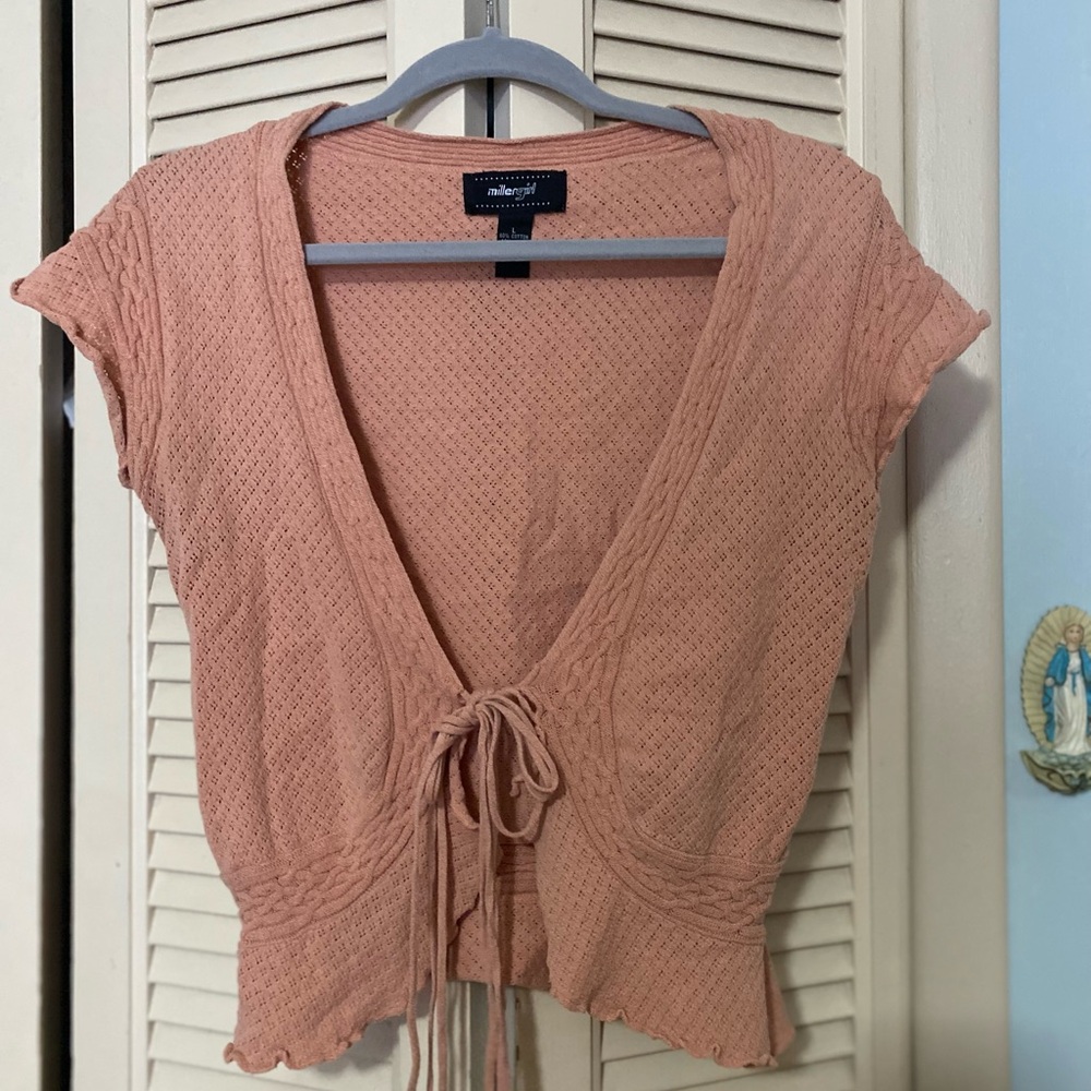 Allegra K Pink Cap Sleeve Tie Front Ribbed Blouse
